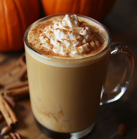 pumpkin spice flavored coffee in a glass mug on a counter.