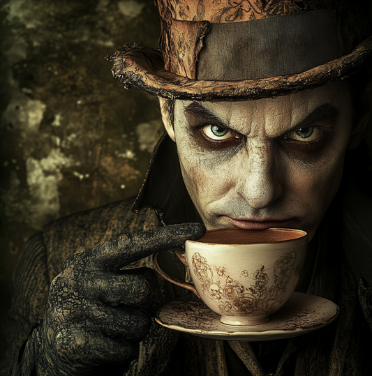 A sinister figure with pale skin and dark, hollow eyes, dressed in a vintage top hat, stares intently while holding a delicate teacup. The eerie, gothic aesthetic emphasizes a menacing expression as he sips from the ornate cup.